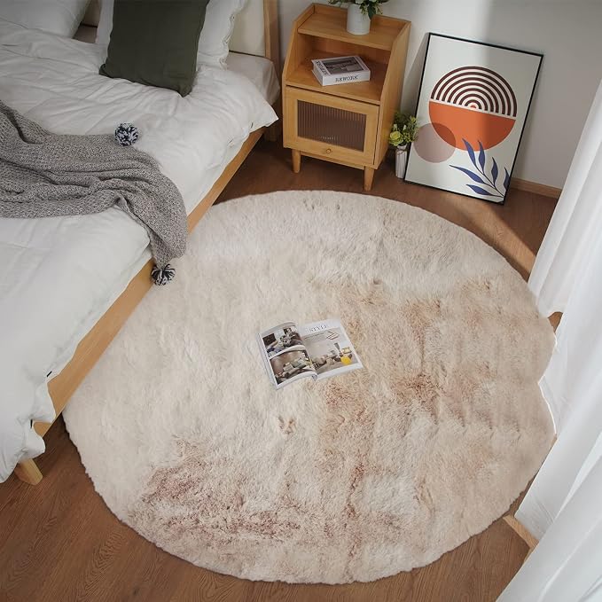 Ghouse Faux Rabbit Fur Round Rug 6ft Light Brown Beige Round Rugs by Ghouse
