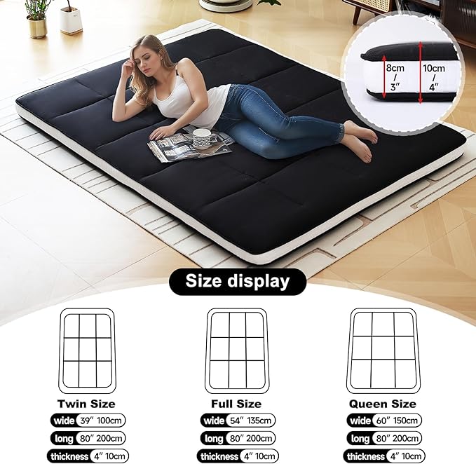 Tiita Memory Foam Mattress Topper Twin Size, 4" Thicken Futon Mattress with Storage Bag and 2 Straps, Portable Roll Up Travel Car Camping Mattress Floor Sleeping Pad, Black