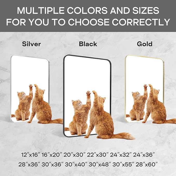 Wall Mount Mirror for Bathroom, Brushed Black Metal Framed Large Rounded Corner Rectangular Vanity Mirror, Tempered Glass (30" x 55", Black)