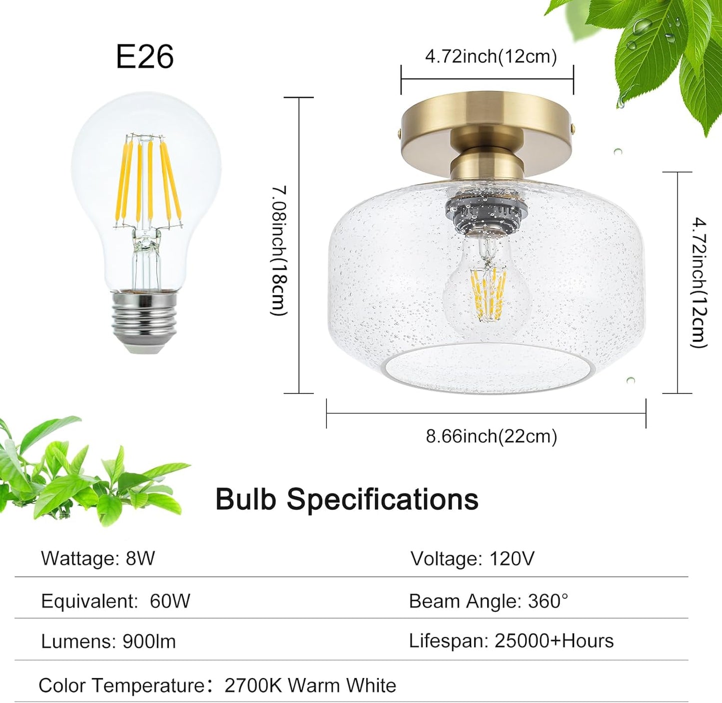 Simple & Elegant Semi Flush Mount Ceiling Light - Gold and Brass Fixture w/ 900LM LED Bulb for Kitchen, Bathroom, Hallway Lighting | Vintage Seeded Glass | Easy Install