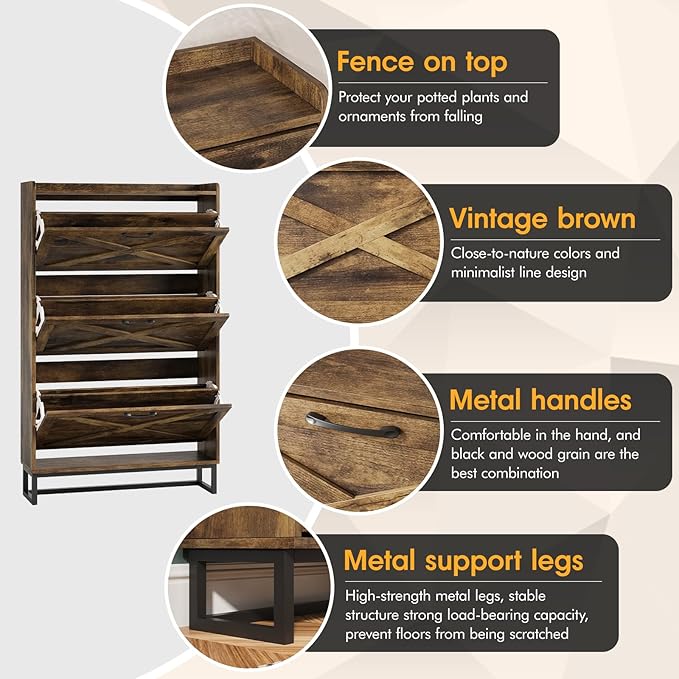 Maupvit Shoe Storage Cabinet with 3 Flip Drawers, Freestanding Organizer with Metal Legs for Entryway, Narrow Shoe Rack Cabinet, Rustic Brown