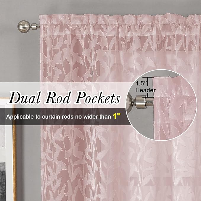 Lecloud Leia 54 Inch Living Room Blush Sheer Curtains 2 Panels, Lightweight - Image 2