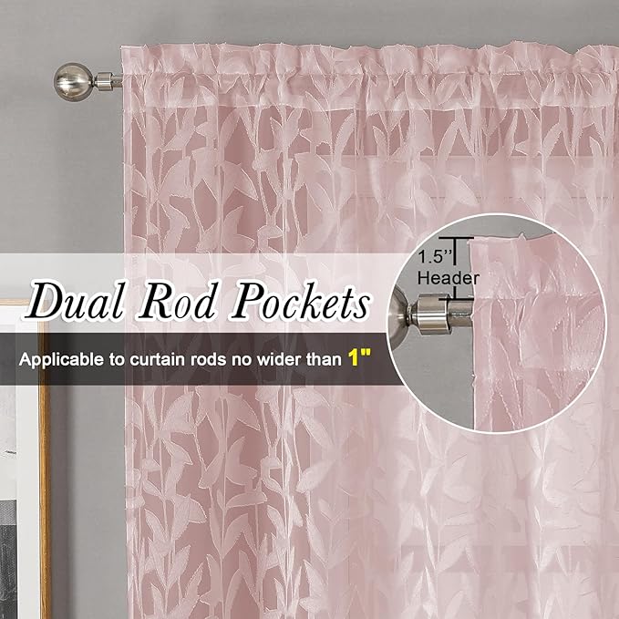 Lecloud Leia Jacquard Textured Blush Sheer Kitchen Curtains 36 Inch Length 2 - Image 2