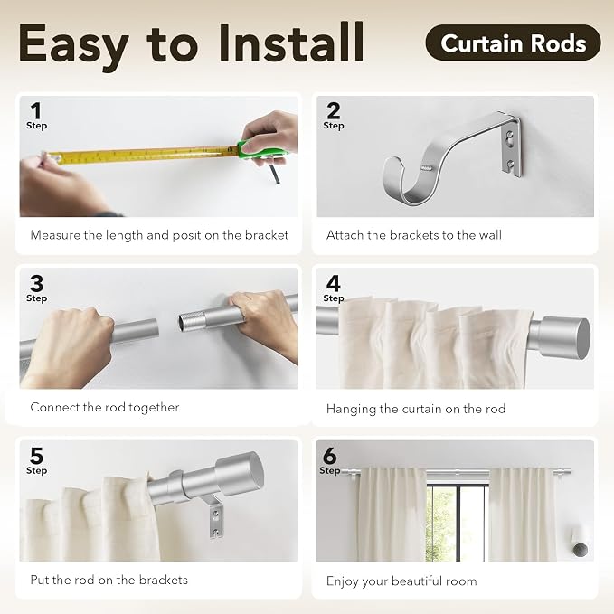 IFELS Heavy Duty Curtain Rods for Windows 66 to 120 Inch, 1 Inch Silver Curtain - Image 7
