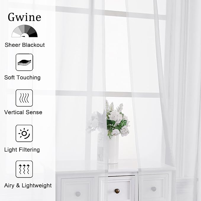 Gwine White Sheer Curtains 96 Inches Long 2 Panels, Elegant Window Treatments - Image 2