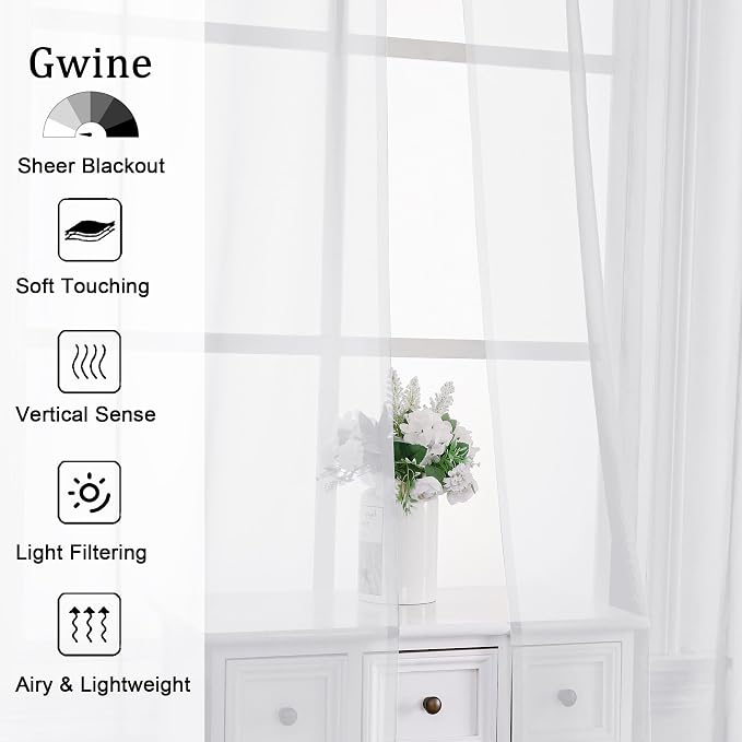 Gwine White Sheer Curtain Tiers 24 Inch Length, Light Filtering Voile Short - Image 3