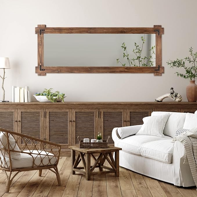 MeMoreCool Rustic Full Length Farmhouse Mirror, Oversized Decorative Floor Mirror, Standing or Leaning Wall-Mounted Framed Glass for Living Room or Bedroom