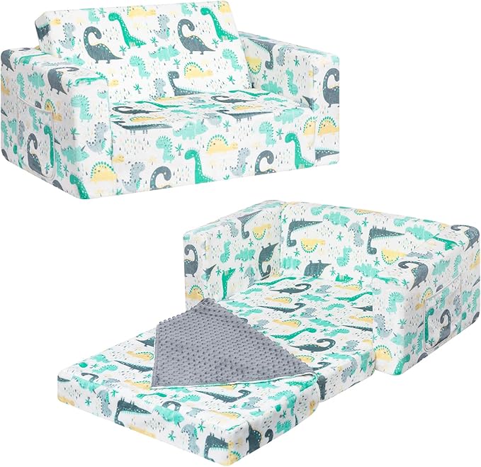 ALIMORDEN Fold Out Toddler Couch, Extra Wide Comfy 2-in-1 Cuddly Sherpa Sofa for Kids, with Removable Baby Friendly Blanket, Convertible Sofa to Bed, Dinosaur