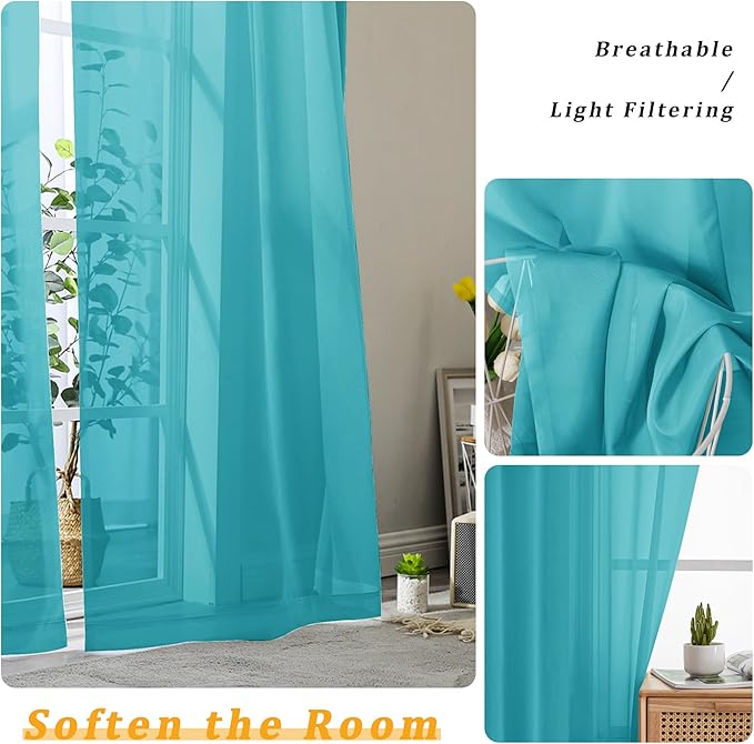 Gwine Turquoise Sheer Curtains 72 Inches Long 2 Panels Set - Image 3