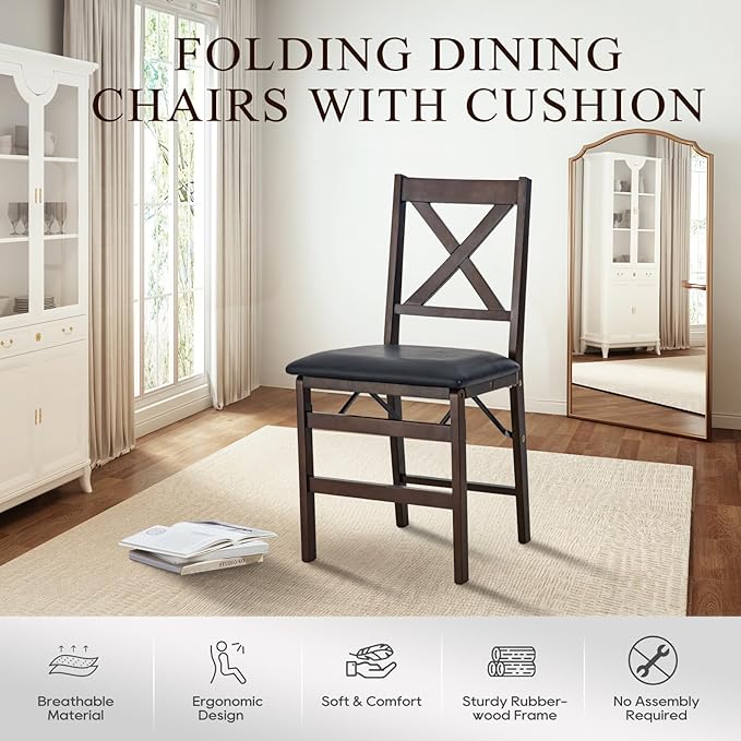 COLAMY Folding Dining Chairs Set of 6, Foldable Chairs with Padded Seats, Wood Folding Dining Room Chairs for Kitchen, Party, Camping, Dark Brown