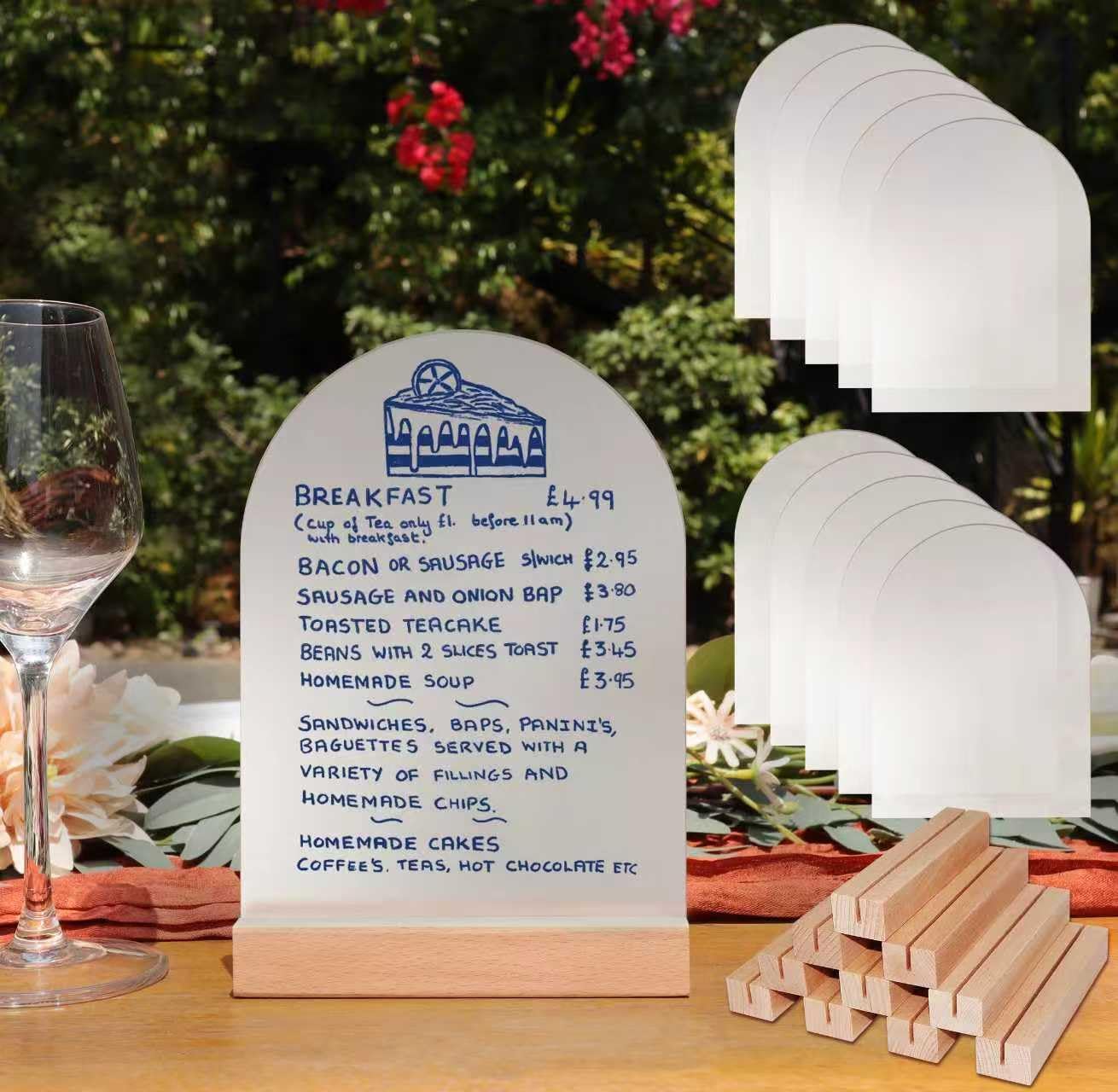 Frosted Blank Arch Acrylic Sign with Wooden Stands - 10 Pack DIY Customizable Sign Kit for Wedding Table Numbers, Restaurant Party Bridal Shower (5x7 Inch)