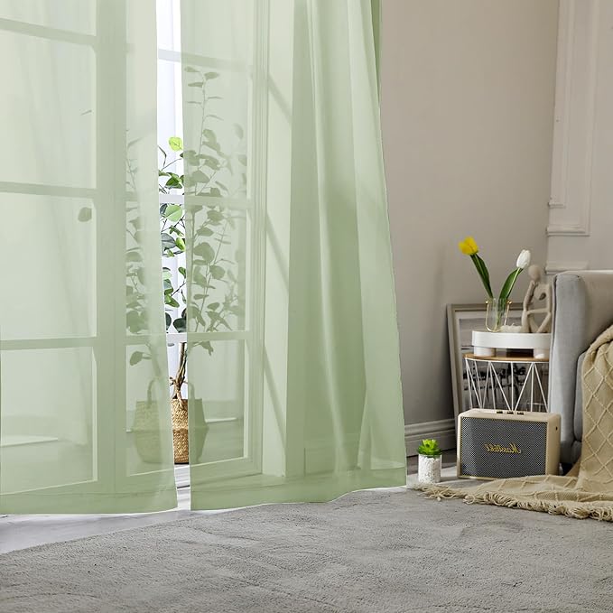 Lecloud Light Green Sheer Curtains 90 Inches Long 2 Panels, Modern Light - Image 2