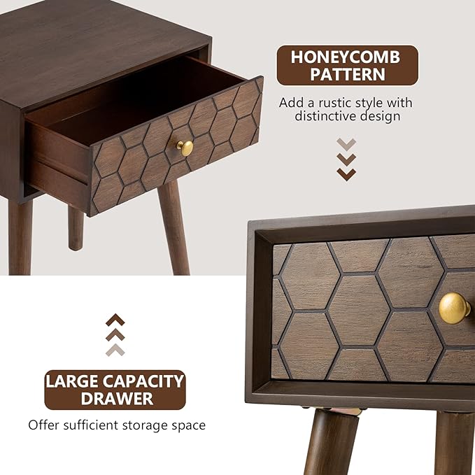 COSIEST Mid-Century Nightstand, Modern MDF Bedside Table, Wood Accent End Table with One Storage Drawer for Bedroom Living Room, Brown