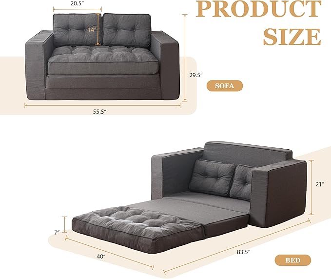 YOSHOOT Loveseat Sleeper Sofa,55" Convertible Sofa Bed Couch Futon Couches for Living Room,3-in-1 Pull Out Floor Couch with Backrest and Pillows