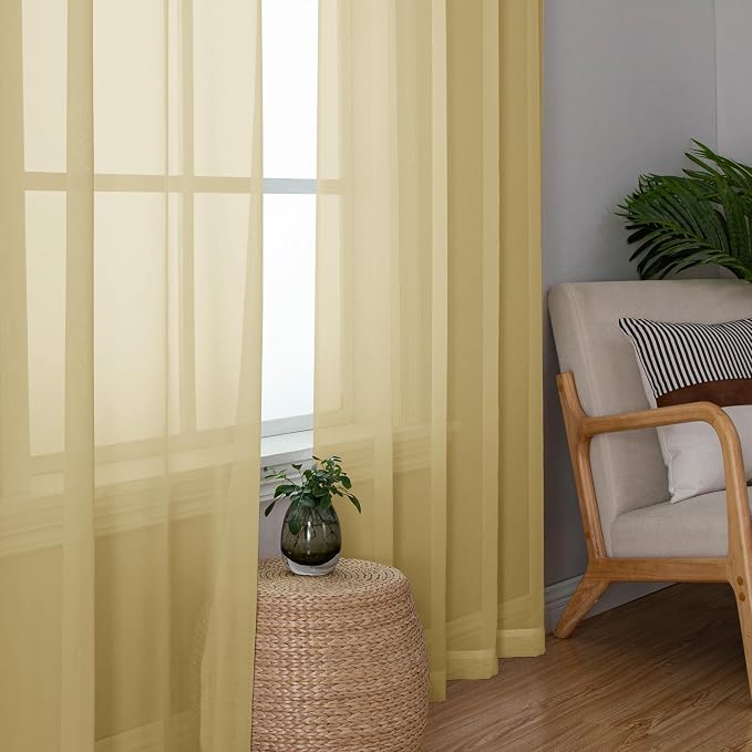 Simplebrand Gold Sheer Curtains 63 Inch Length 2 Panels, Rod Pocket Solid Color - Image 4