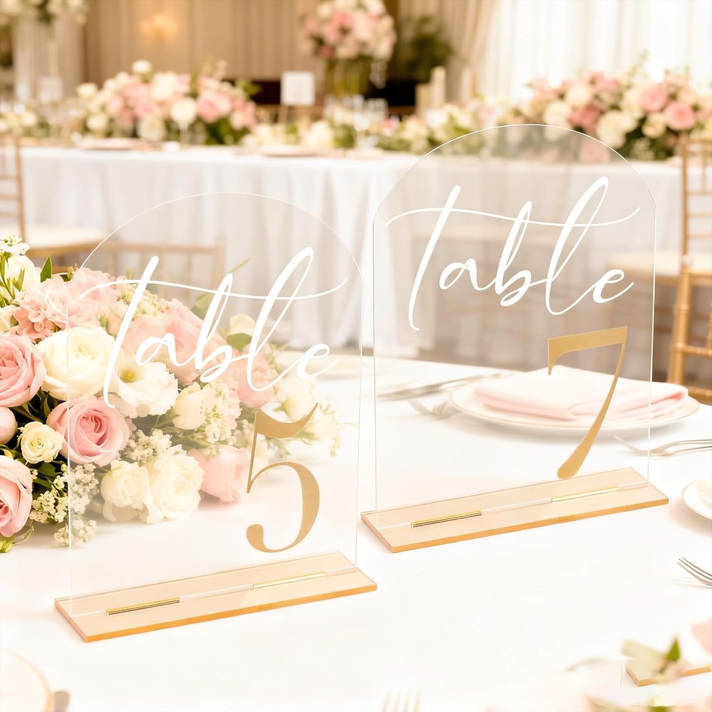 Arch Wedding Table Numbers 1-10 with Stands, 5” x 7” Elegant Acrylic Display Signs with Golden Text, Perfect Table Numbers for Wedding Reception, Centerpiece, Decoration, Party, Anniversary and Event