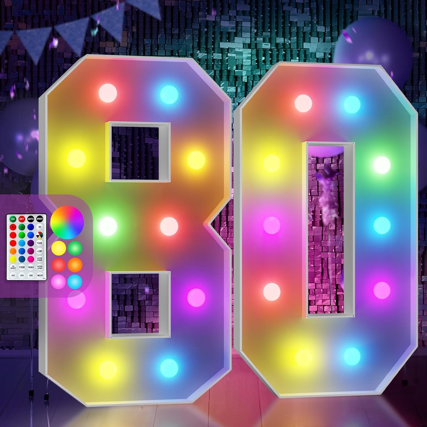 Marquee Numbers 80th-Birthday Decoration: Colorful 4FT Large Light Up 80 Year Old Birthday Decorations Anniversary Backdrop for Boys Girls Cardboard Sign 18 Colors Number 80 Mosaic Balloon Frame