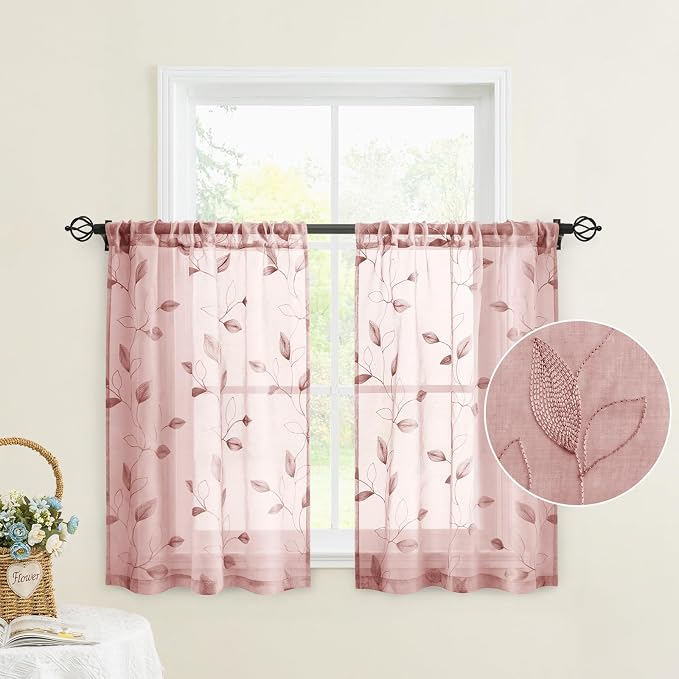 HOMEIDEAS Blush Pink Sheer Kitchen Curtains 30 X 24 Inch Length 2 Panels - Image 2