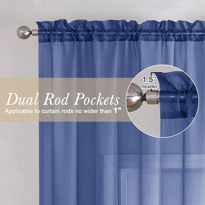 Lecloud Royal Blue Sheer Curtains 63 Inch Length 2 Panels Set, Voile Solid - Image 2