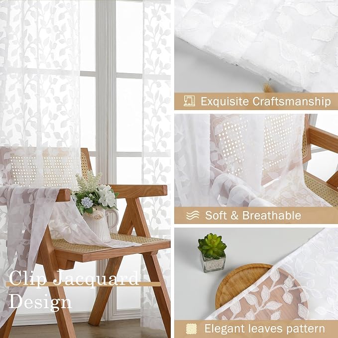 Chyhomenyc White Sheer Curtains 96 Inch Length 2 Panels Set, Light Filtering - Image 7