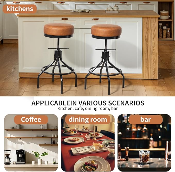 Industrial Bar Stools Set of 3 Adjustable Swivel Barstools Modern PU Leather 28inch Round Backless Counter Height Stool Metal Bar Chair for Kitchen Island (3, Brown)