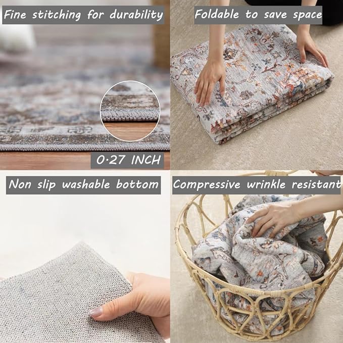 Area Rug 8x10 Washable Rug Orange Gray Vintage Traditional Mat Distressed Indoor Foldable Thin Retro Accent Floral Print Non Slip Carpet Living Room Dining Room Office