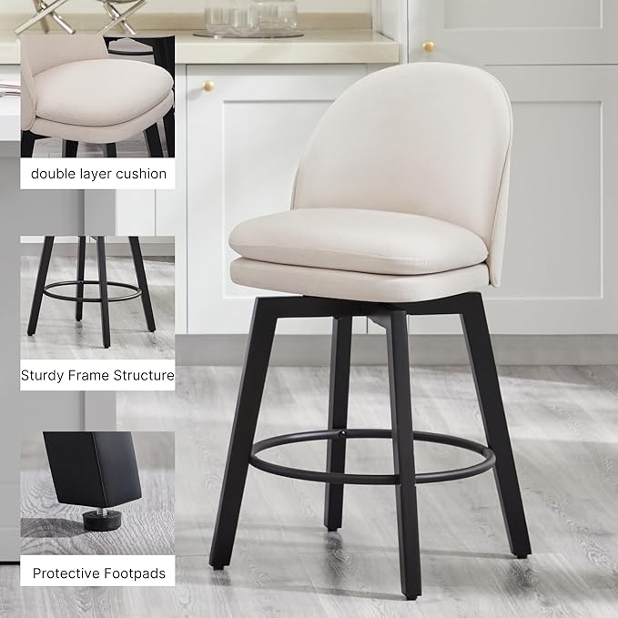 Counter Height Barstools 26 inch Upholstered Swivel Bar Stools with Back and Wood Legs for Kitchen Island,Set of 3,Beige Fabric-Armless