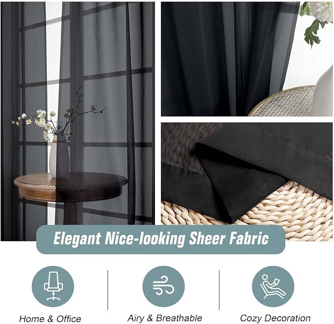 Black Window Sheer Curtains 54 inch Length, Soft Airy Light Filtering Sheer - Image 4