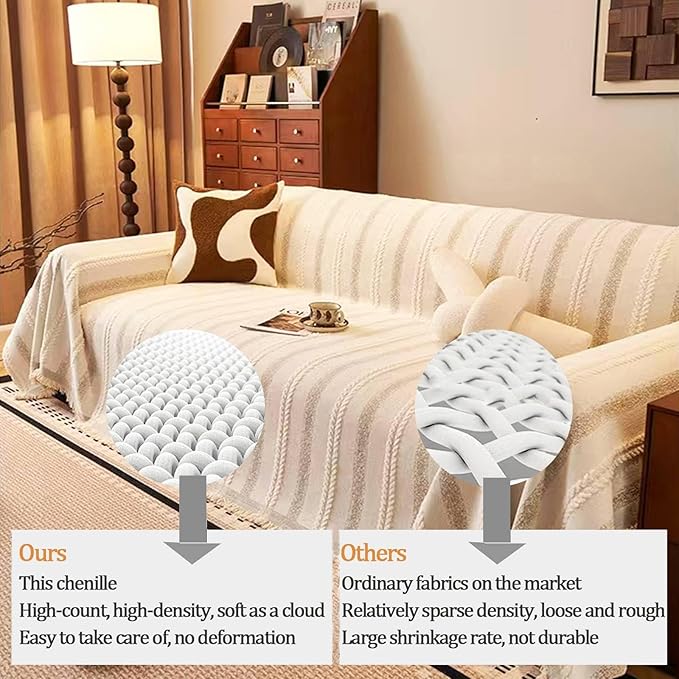 Couch Cover for Dogs Washable Sofa Cover, Sectional Couch Covers, Sofa Covers for 2 Cushion Couch, Non Slip Stripe Sofa Slipcovers Furniture Protector, Couch Protector from Cat Claws, Beige,71''x150''