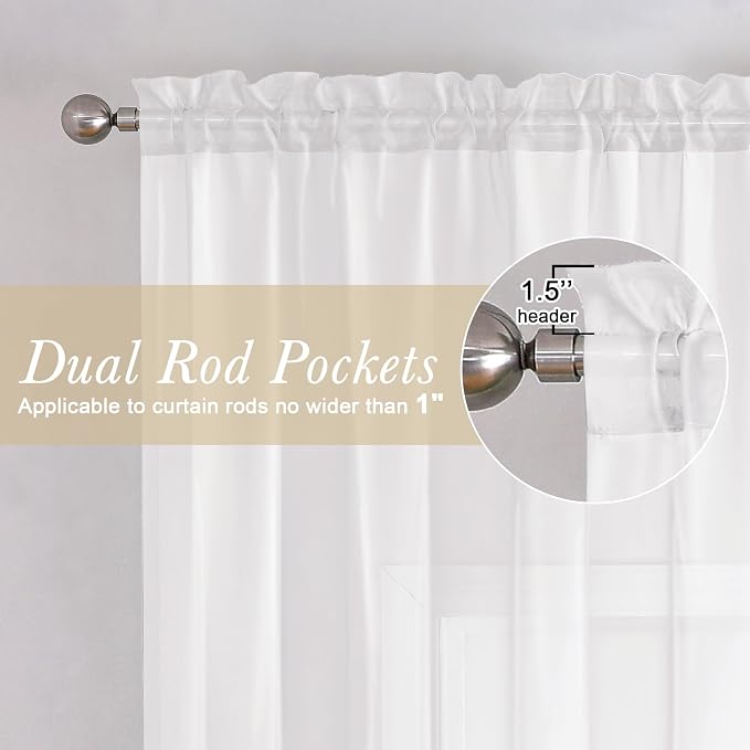 Lecloud White Sheer Curtains 48 Inch Length 2 Pcs, Light Filtering Voile - Image 3
