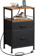 WLIVE Nightstand with Charging Station, Night Stand with 2 Fabric Drawers, Bedside Table, Small Dresser for Bedroom, Side Table with USB Ports and Outlets, Black and Rustic Brown