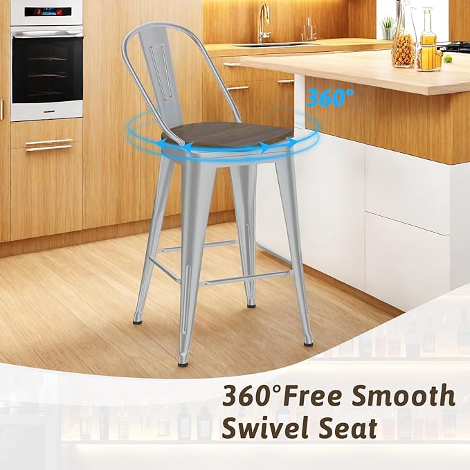 26” Swivel Bar Stools Set of 4, Counter Height Bar Stools Wooden Seat, Metal Industrial Bar Chairs with High Back for Kitchen Island (Silver)