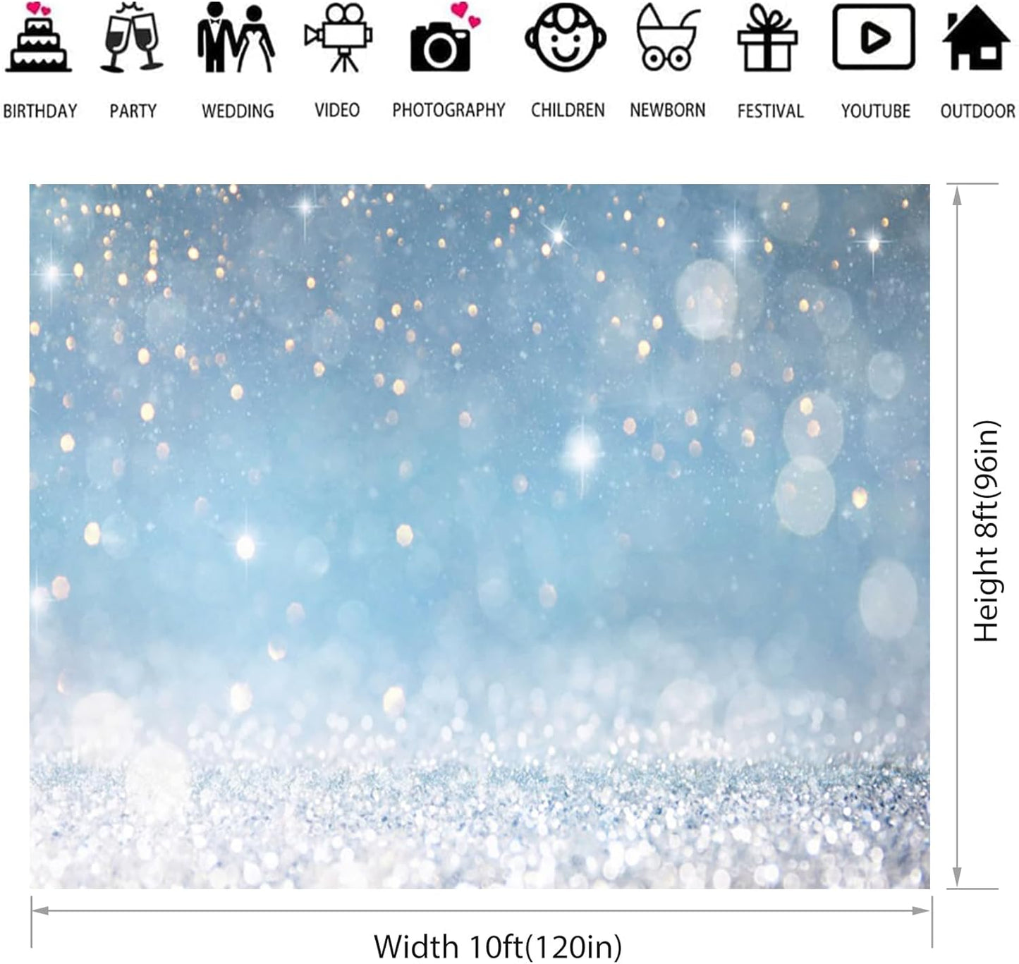 10x8ft Blue Bokeh (Not Glitter) Backdrops Birthday Party Abstract Golden Sparkling Spots Photography Background Baby Shower Wedding Prom Graduation Party Bokeh Decor Banner Photoshoot Props