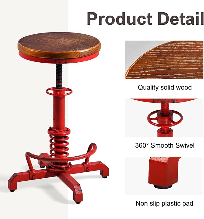 Topower Industrial Retro Vintage Farm Wooden Seat Tractor Stool Kitchen Swivel Height Adjustable bar Stool Antique Red