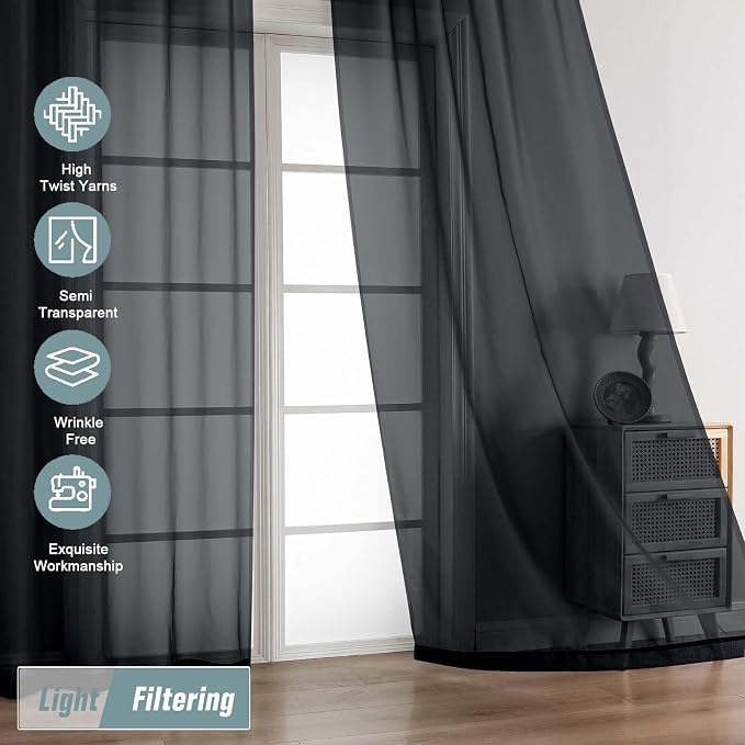 Black Sheer Curtains 90 Inches Long 2 Panels, Light Filtering Solid Sheer - Image 5