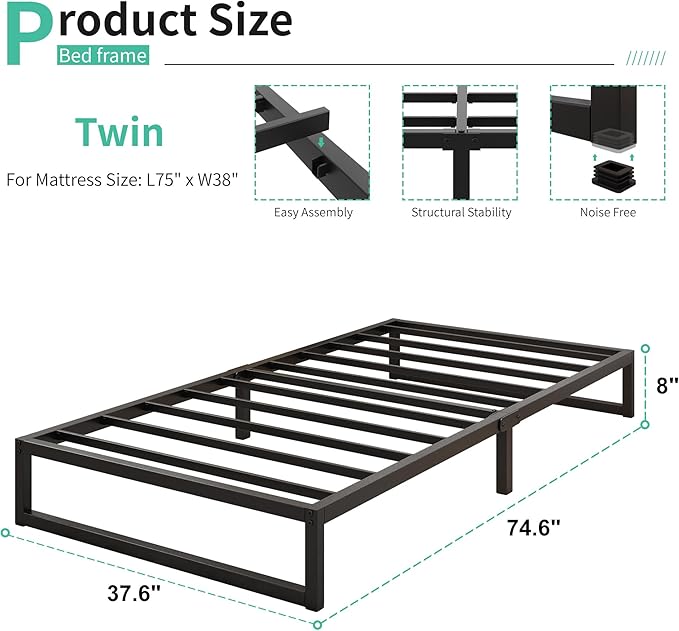 8 Inch Twin Bed Frames Heavy Duty Metal Twin Platform Bed Frame No Box Spring Needed, Noise Free, Easy Assembly, Black