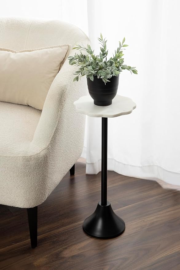Kate and Laurel Sanzo Modern Pedestal Drink Table, 10 x 10 x 23, White Marble and Black, Decorative End Table with Scalloped Marble Tabletop for Use as Small Plant Stand or Cute Martini Table
