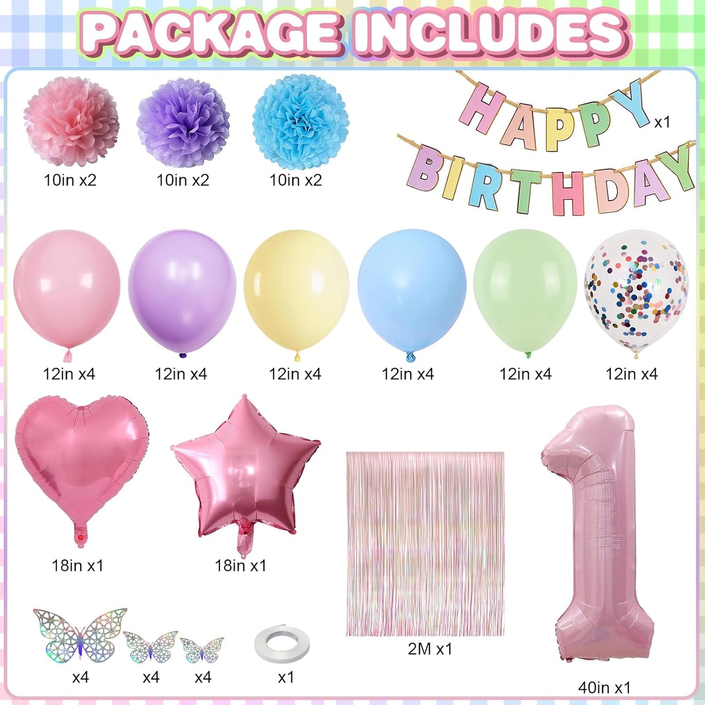 Pastel 1st Birthday Party Decorations for Girls Number 1 Balloon Happy Birthday Banner Butterfly Stickers Fringe Curtain Paper Pom Poms Macaron Pink Star Foil Colorful Balloons Baby 1 Year Old Decor