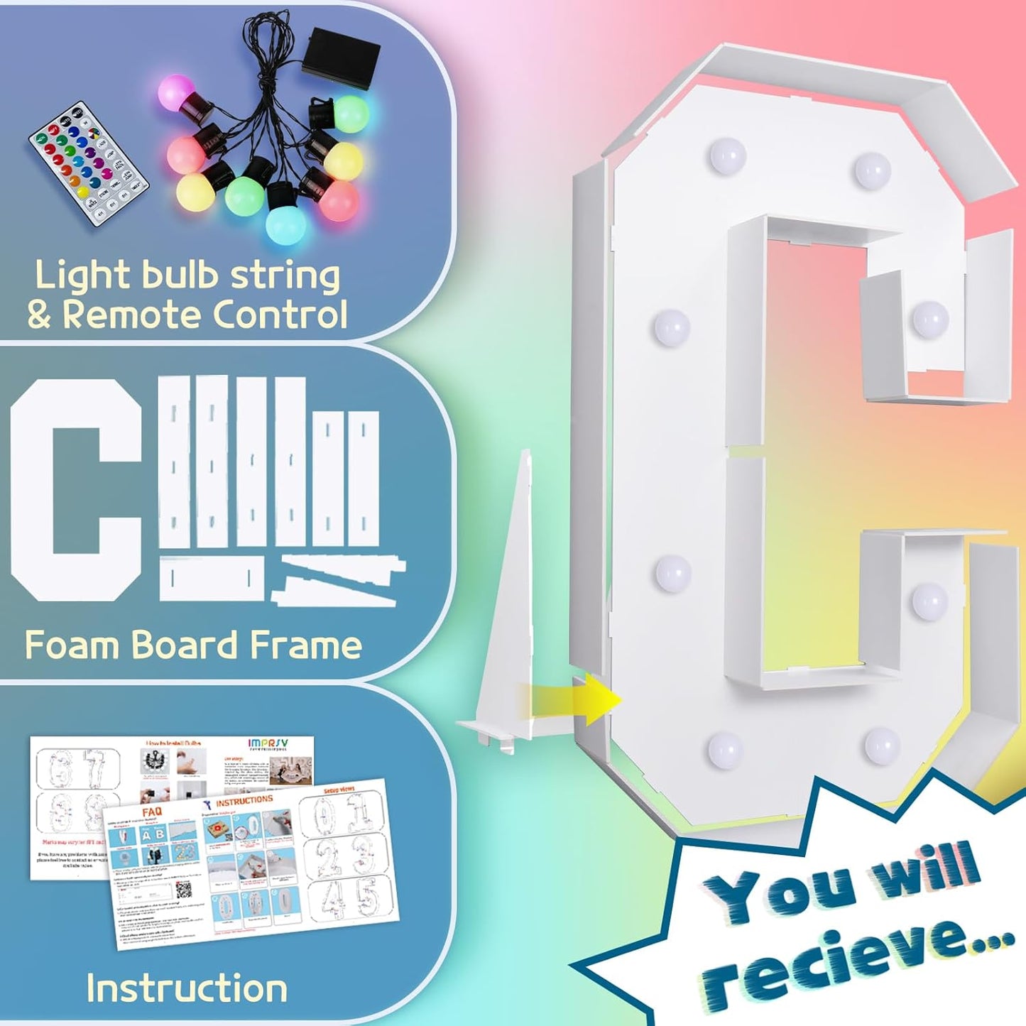 imprsv 3FT Colorful Marquee Light Up Letters C, 18 Color Light Up Alphabet Sign with Remote, Baby & Large Letters for Baby Shower, Birthday, Engagement, Wedding Party Decor