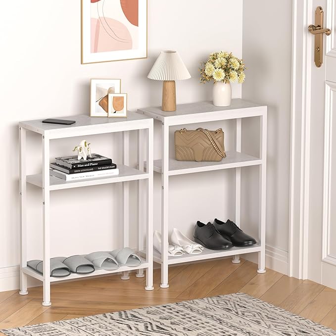 Narrow Side Table for Small Space Set of 2, 3-Tier Small End Table with Shelf Holder, Slim Nightstand, Skinny Snack Couch Table in Living Room, Bedroom, Study, Kitchen and Balcony（White