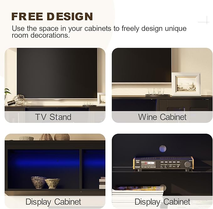 4-Piece Wall Unit TV Stand with Storage & LED Lights for TVs up to 75", Modern Entertainment Center with Bookshelves & 4-Door Pantry Cabinet, Black