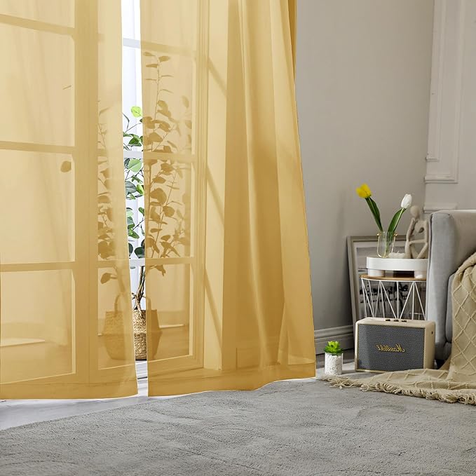 Lecloud Gold Sheer Curtains 96 Inches Long 2 Panels, Breathable Solid Voile - Image 8