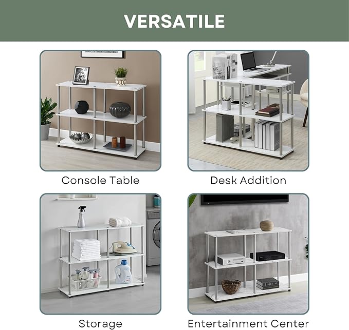 Convenience Concepts Designs2Go No Tools 3 Tier Wide Console Table 42" - Modern Multipurpose Accent with Shelves for TV Media Center, Office Desk Extension, Entryway Display, & Home Storage, White