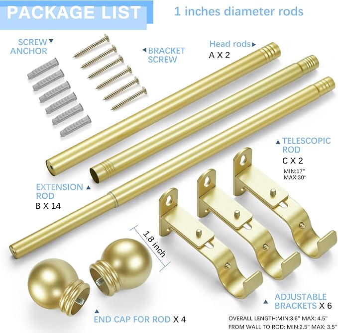 Curtain Rods for Windows 16 to 136 Inches, Curtain Rod Max Adjustable Length of 144 IN, 1" Diameter Drapery Rods Round Finials, Warm Gold, Pack of 2