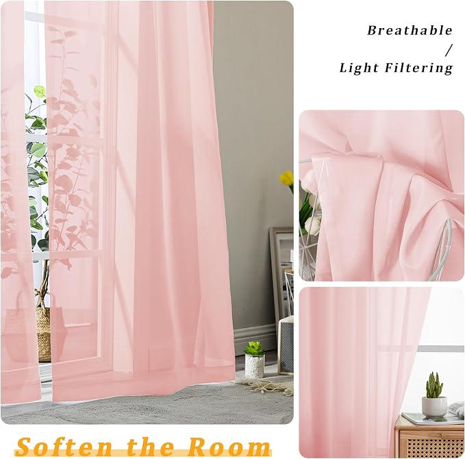 Gwine Blush Pink Sheer Curtains 84 Inches Long 2 Panels Set - Image 3