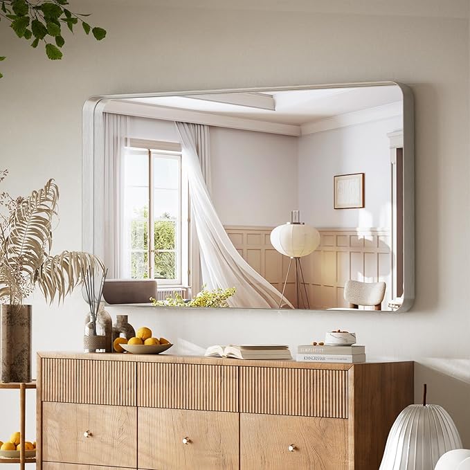 Large Bathroom Mirror 30x56 inch, Gorgeous Deep Frame Wall Vanity Mirror for Over Sink with Shatterproof Tempered Glass, Hanging Horizontal or Vertical, Silver
