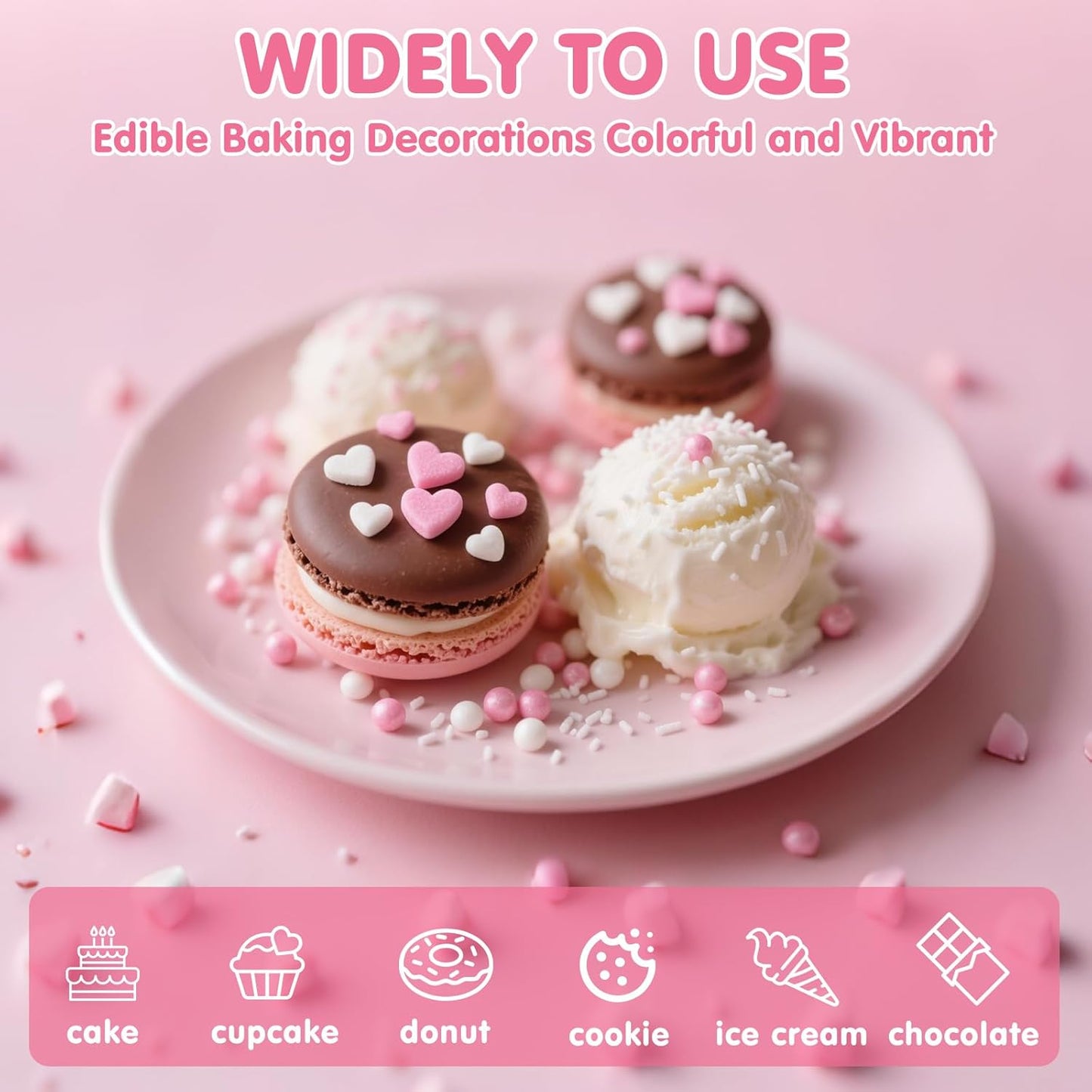 Edible Heart Sprinkles for Cake Decorating,White Pink Pearl Sugar Jimmies Mix Size 130g/4.58oz,Baking Candy Decorations,Cupcake Toppers,Cookie Donuts Ice Cream Dessert Decorating,Wedding Birthday Party Valentines Christmas Supplies