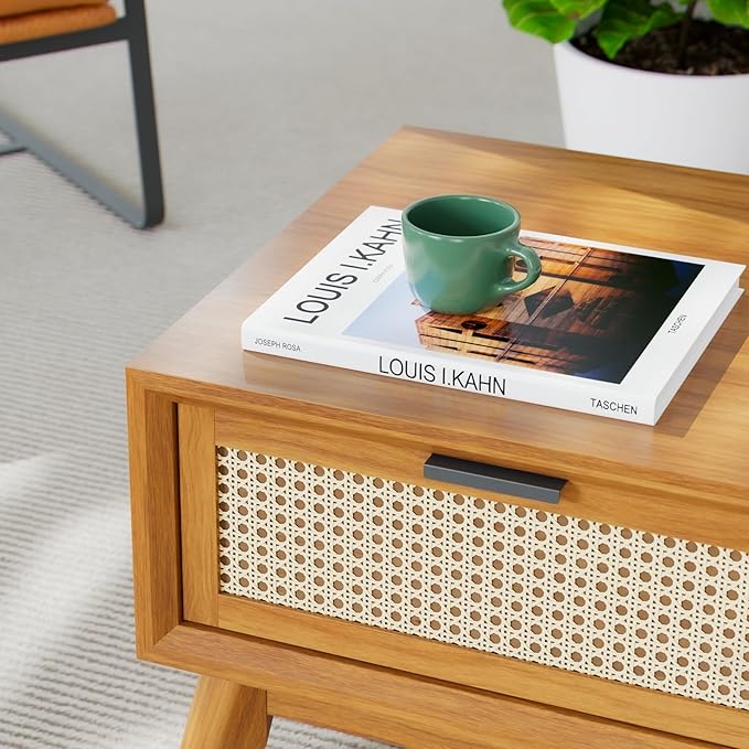 Bme Solid Wood Jasper Coffee Table with Storage, Accent Rattan Design, Good Choice for Living Room, Dark Chocolate