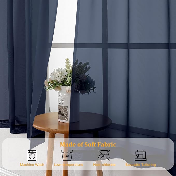 Gwine Navy Blue Sheer Curtain Tiers 24 Inch Length, Light Filtering Voile Short - Image 8
