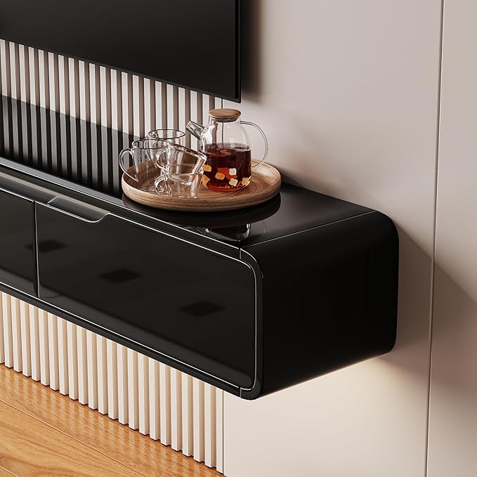 High Gloss Floating TV Stand with 3 Doors,55'' Wall Mounted TV Cabinet,Under TV Console,Floating Media Shelft for Bedroom Living Room(Black)